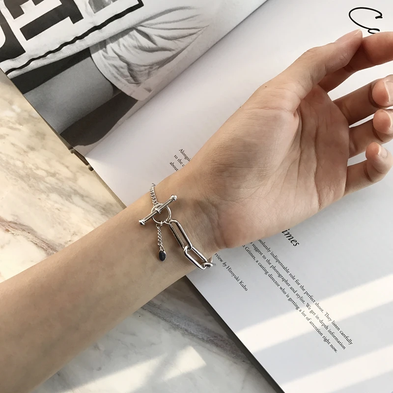 Геометрический квадратный Круглый браслет с цепочкой, 925 пробы, серебряный, панк, металлическая пряжка, Модный женский браслет, свадебные ювелирные изделия