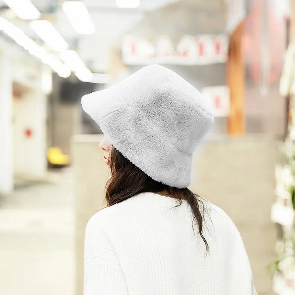 Faux Fur Winter Bucket Hat For Women Girl Fashion Solid Thickened Soft Warm Fishing Cap Outdoor Vacation Hat Cap Lady Panama