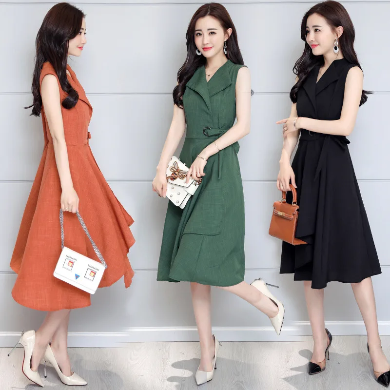 

2019 Spring Summer New Style Korean-style Large Size Dress Cotton Linen Versitile Fashion Irregular Mid-length Dress