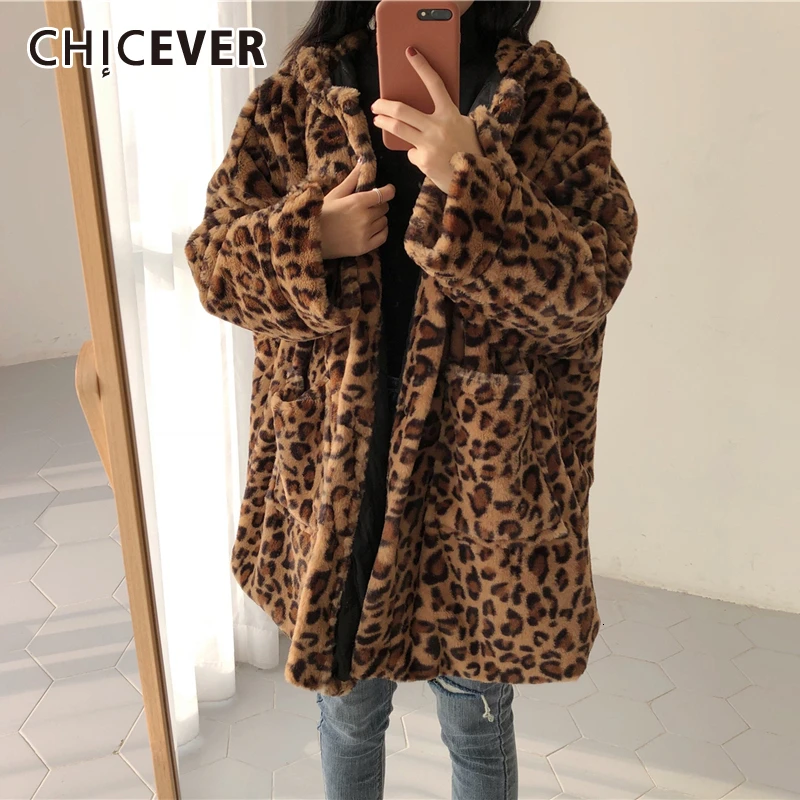 CHICEVER винтажный Леопардовый женский плащ пальто с капюшоном длинный рукав