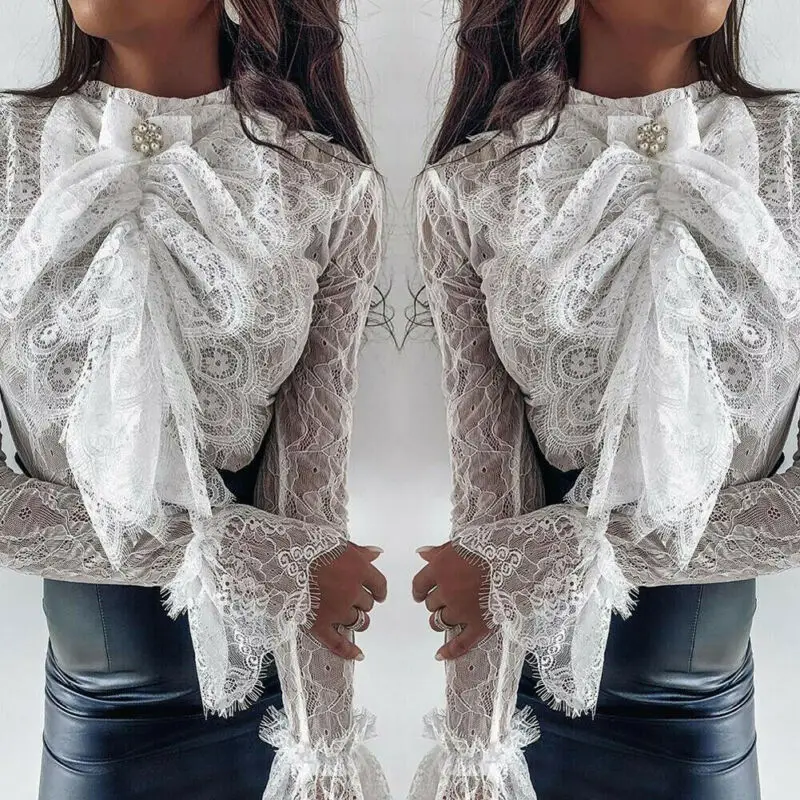 Brand New Gothic Women Lace Bowknot Blouse Office Ladies Elegant Ruffle Solid White Shirt Loose Female Blouse Women Clothing Brand New Gothic Women Lace Bowknot Blouse Office Ladies Elegant Ruffle Solid White Shirt Loose Female Blouse Women Clothing
