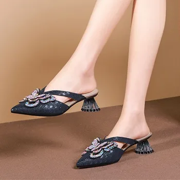 

poined Toe strange high Heels Rome Women slippers 2020 Summer New Animal Prints Sheepskin Pumps Slip on Party Casual Shoes Woman
