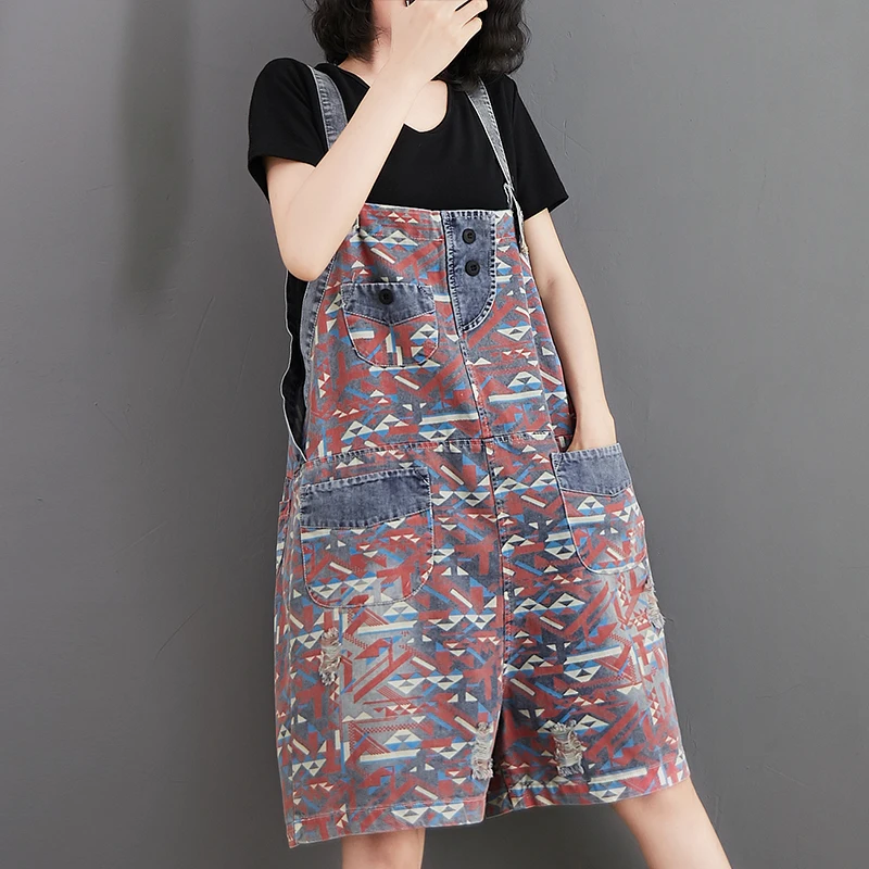 #1422 Sexy Summer Playsuit Women Sleeveless Loose Plus Size Jumpsuit Short Vintage Printed Denin Overalls For Pockets |