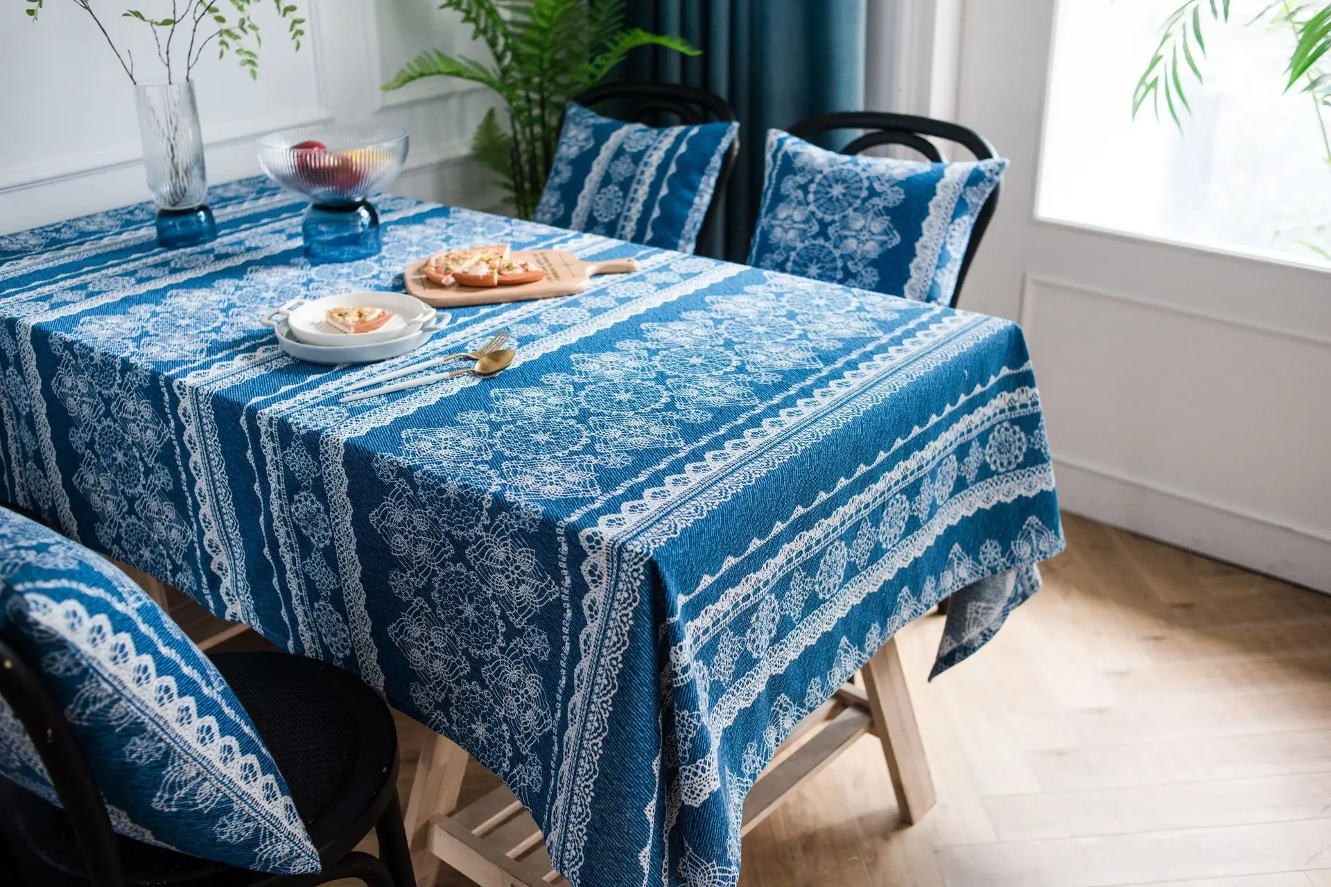 Ретро синяя кружевная хлопковая льняная скатерть с принтом, Европейский Прямоугольный Коврик для пикника, ткань двойного назначения, чехол на стол для домашнего ужина