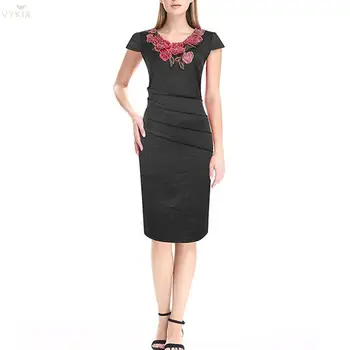 

New Office Dress Elegant Cap Sleeves Pencil Ladies Dresses Pleated Slim Womens Dress Working Patch Embroidery Femme Party Dress
