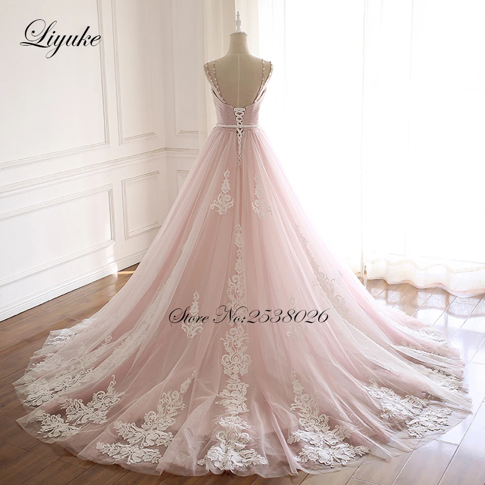 Liyuke Naked Pink A Line свадебное платье с плиссированным тюлем Великолепное Кружевное Свадебное платье со стразами