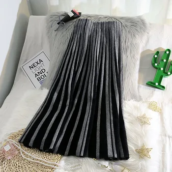 

long knitted women skirts knee-length spring new high waist pleated solid lady elegant skirts top quality