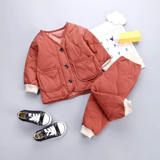 New Winter Children Keep Warm Clothes autumn Kids Boys Girls Thicken Cotton Jacket Pants 2Pcs/sets Baby Infant Casual Tracksuits F195203F Pink