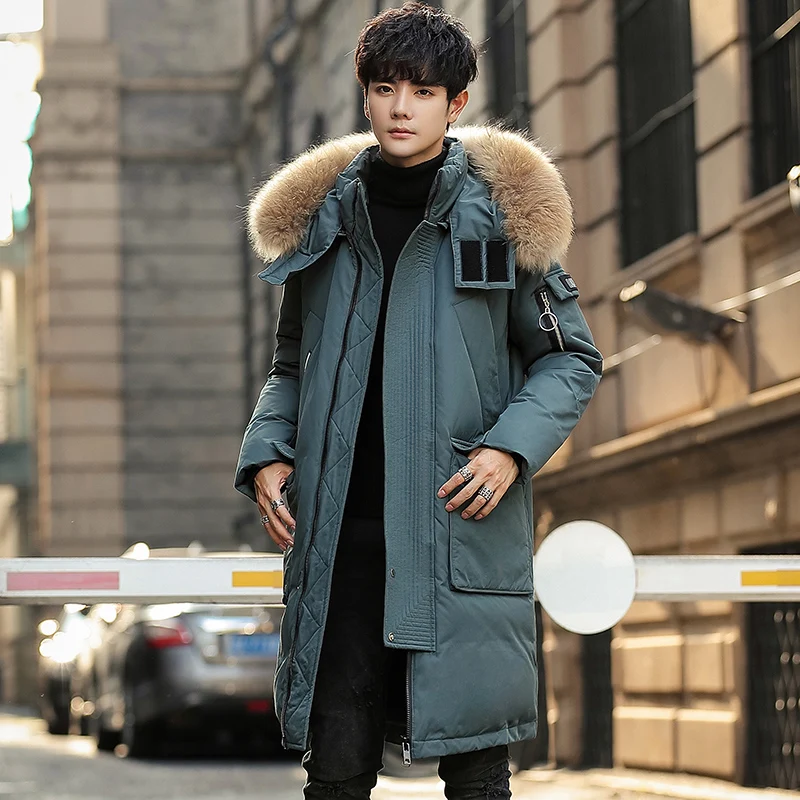 lake blue jacket Мужская модная зимняя куртка-пуховик с большим меховым воротником, белое пуховое пальто на утином пуху, 3 цвета, стильная мужская одежда - Цвет: lake blue jacket