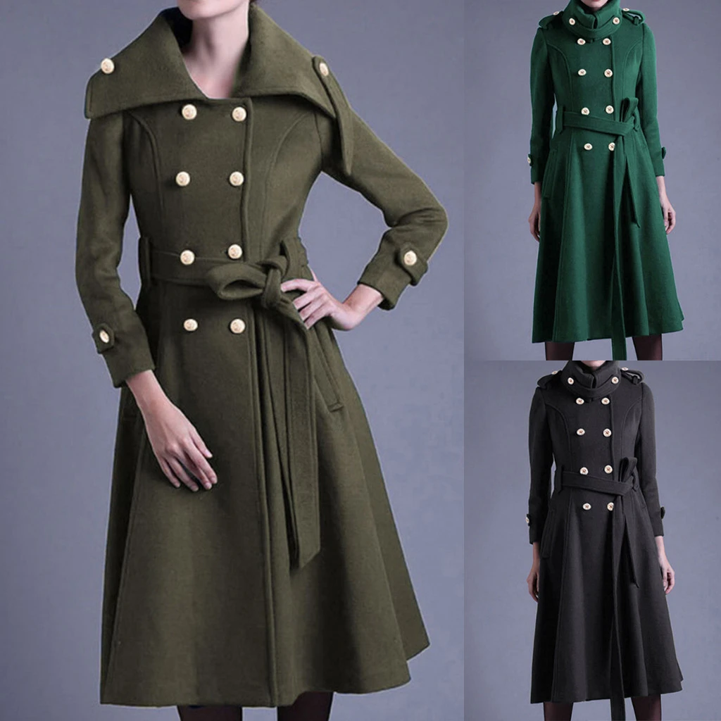 CHAMSGEND Autumn Winter Wool Jacket Women Double Breasted Coats Elegant Overcoat Coat Pockets Woolen Long Trench Coat 1028