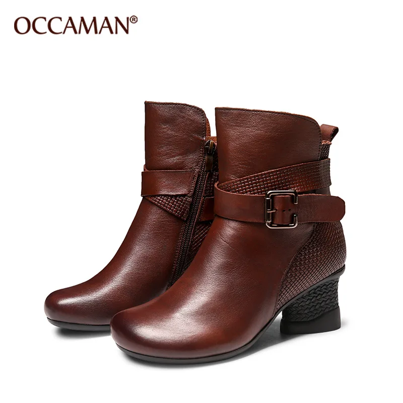 

OCCAMAN New Style Formal Genuine Leather Ladies Ankle Boots Square Heels Cowboy Boots Sandals Shoes Women 42161