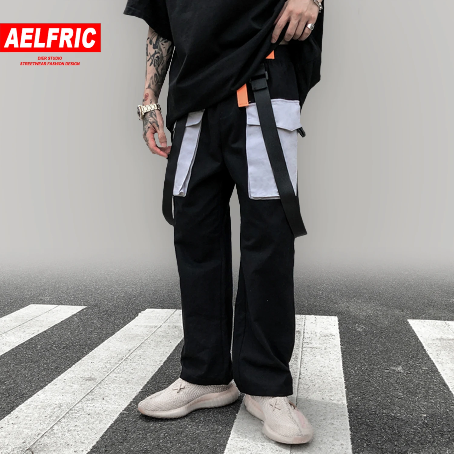 

AELFRIC Hip Hop Multi Pockets Ribbons Harem Cargo Pants Harajuku Streetwear Sweatpants Casual Fashion Jogger Mens Track Trousers