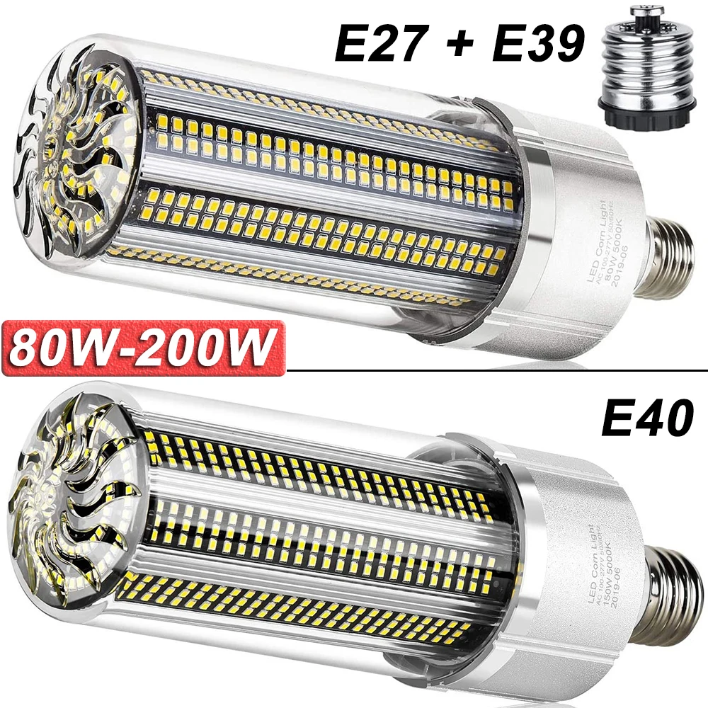 80W-200W Super Bright Corn LED Light Bulb E26/E27/E39/E40 Base Commercial Lamp Built-in Heat Dissipation Fan Industrial Lighting