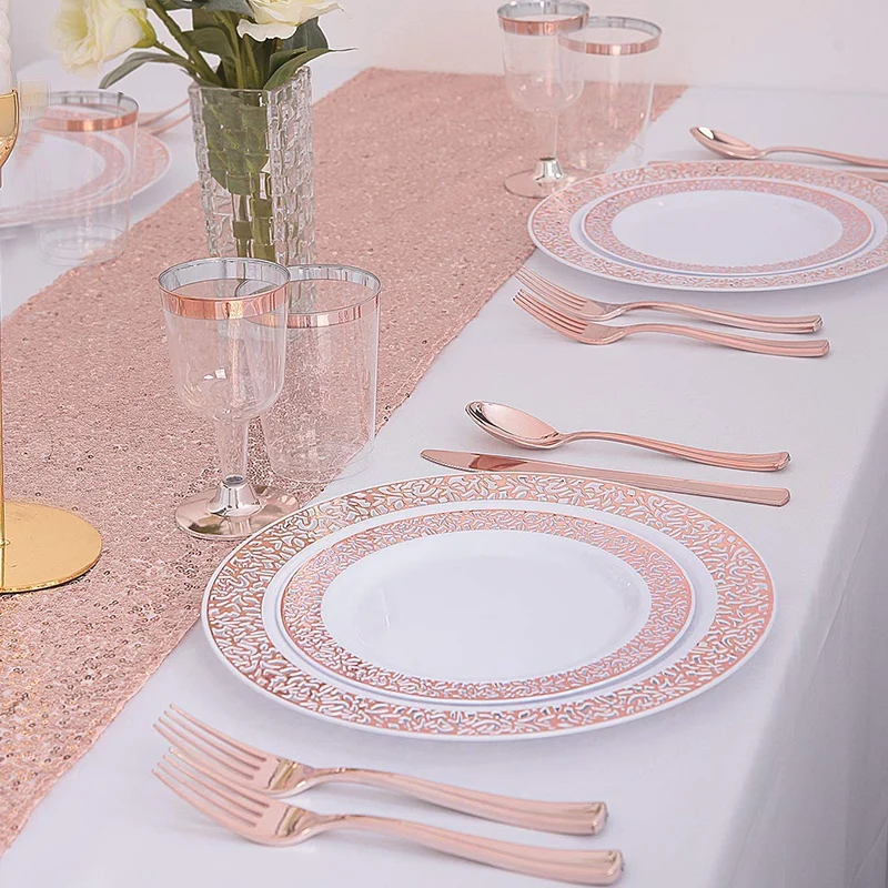 Лучшие 150 шт розово-Золотые пластиковые тарелки с одноразовыми пластиковыми столовыми изделиями, кружевные пластиковые столовые приборы, в том числе по 25(тарелок