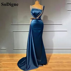 SoDigne Blue Arabic Mermaid Evening Dresses 2022 Sequined Beaded Crystals One Shoulder Prom Formal Party Reception Gowns