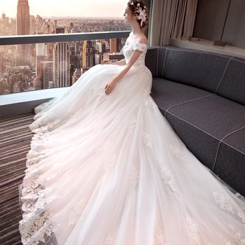 

Sexy Off Shoulder Wedding Dress 2020 New Design Viintage Lace Applique Sequins Corset Back Long Train Church Garden Bridal Gown