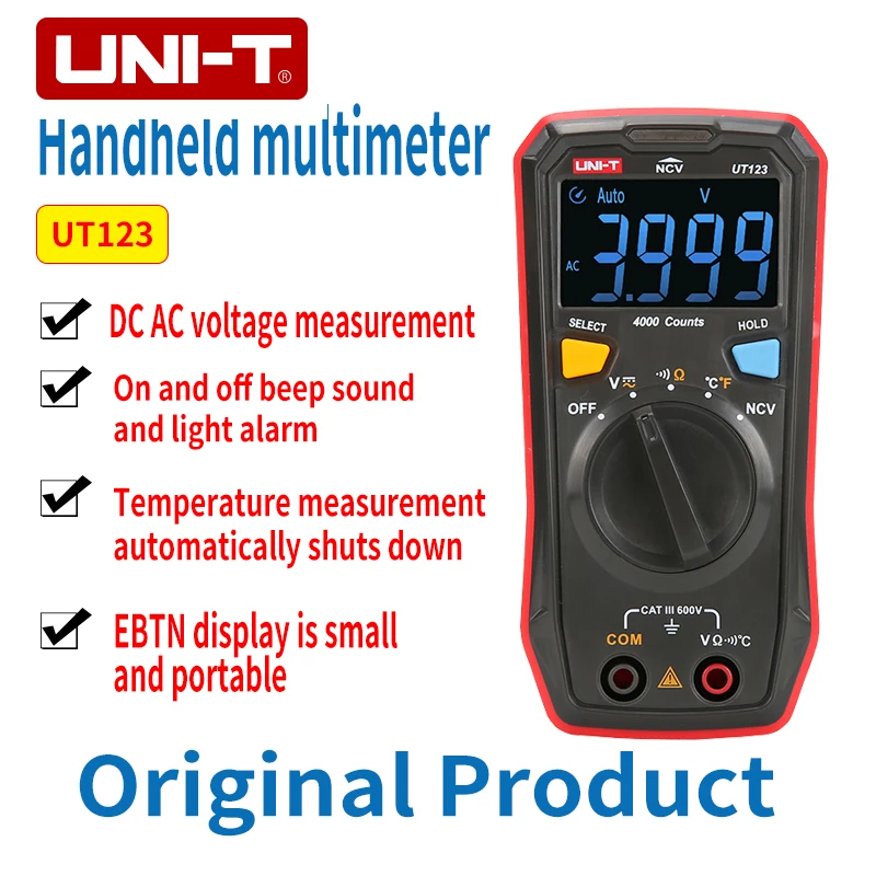 UNI-T UT123 Автоматический диапазон мини цифровой мультиметр, Удержание данных AC DC резистор напряжения температура, ом метр, EBTN дисплей