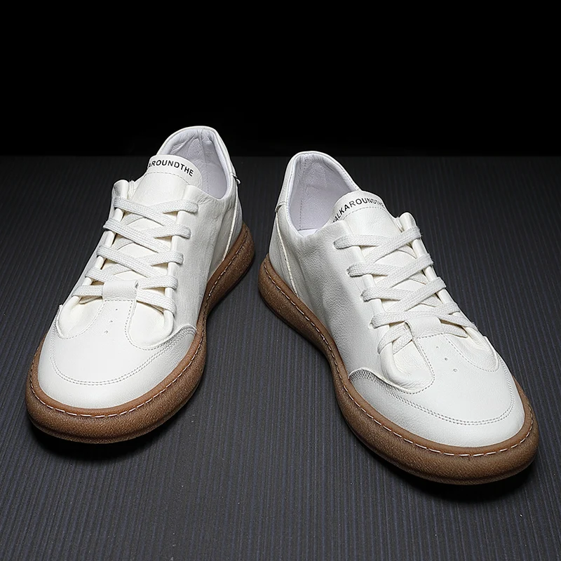 

Men's leather casual fashion all-match white shoes comfortable and breathable light outdoor shoes round toe lace-up flat shoes