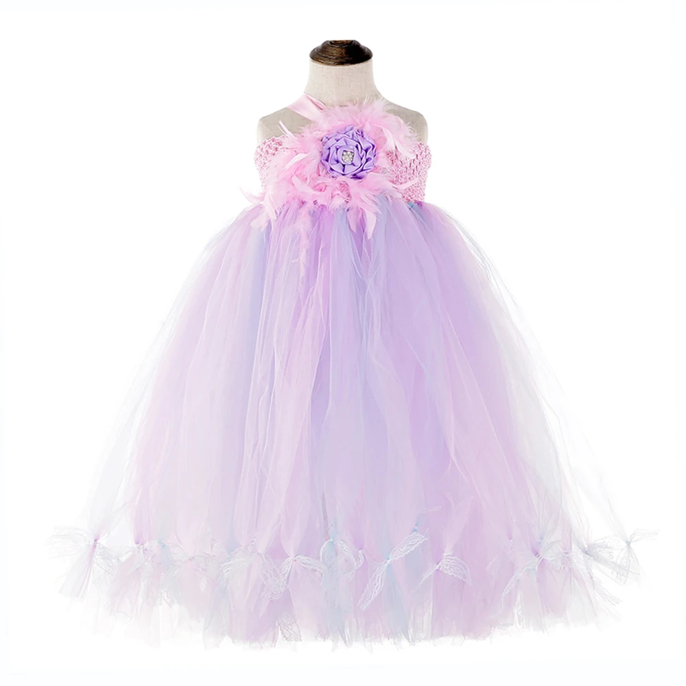 Princess Girls Feather Unicorn Birthday Dress Lace Sleeveless Long Evening Dress with Lace Bowknot Kids Clothes Girls 8 to 12 14 (3)