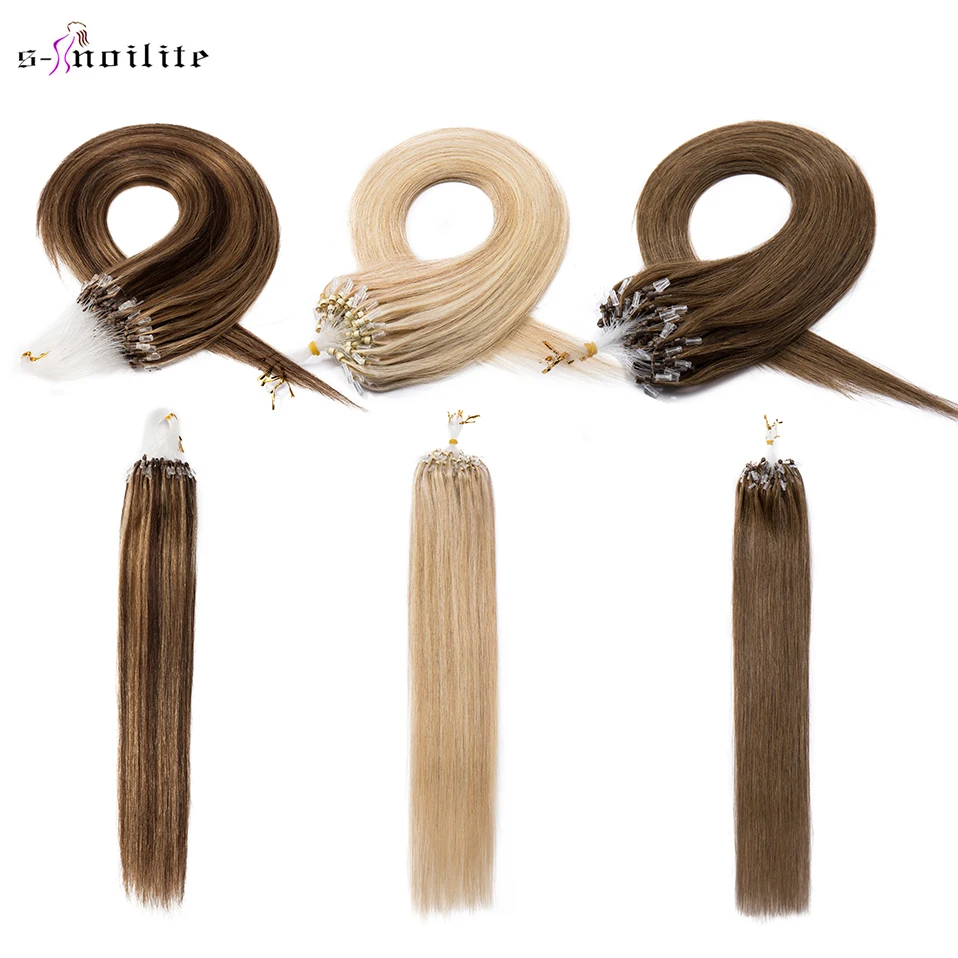 S-noilite 16"-24" Non-Remy Human Hair 100Strands Straight Micro Bead Loop Ring Hair Extension Black Bleach Blonde 0.5g Hairpiece