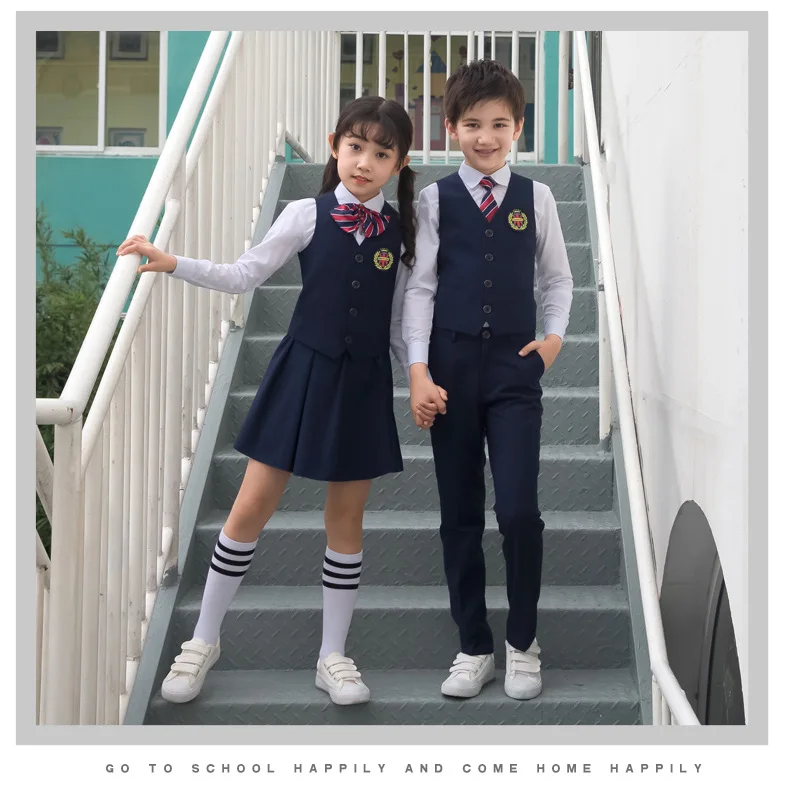 Детская школьная форма в Корейском стиле для мальчиков и девочек, белая рубашка, платье морячки, штаны, жилет, жилет, комплект одежды с галстуком, костюм для студентов