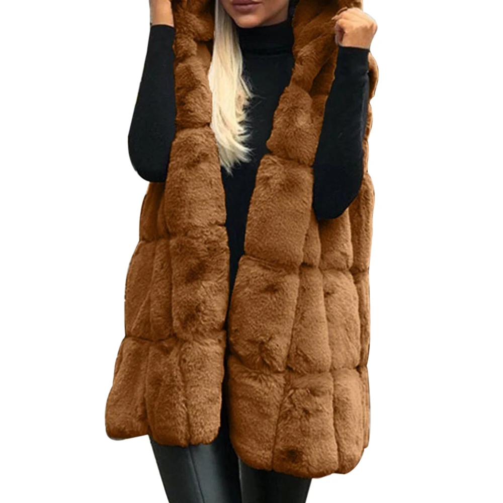 Зимний жилет с капюшоном для женщин, куртка без рукавов, худи, пальто, жилет, пальто из искусственного меха, женская верхняя одежда, теплая куртка из искусственного меха - Цвет: Dark Brown