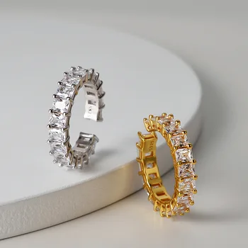 

S925 sterling silver simple rectangular zircon ring female index finger ring opening design sense European and American ring