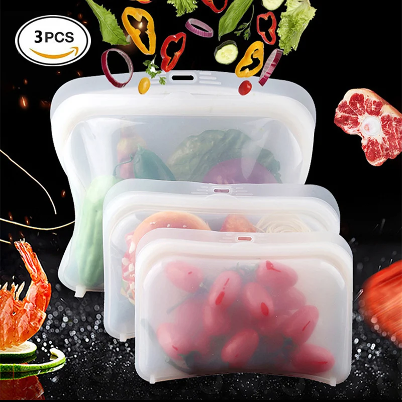 

3PCS/lot Reusable Silicone Food Bag Fruit Fresh-keeping Freezing Packaging Storage Bags Kitchen Organization Suff Container