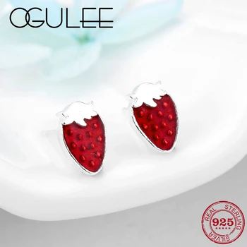 

100% Real 925 Sterling Silver Christmas Earrings Gift Sweet Fruit Strawberry Red Enamel Stud Earrings Fashion women Fine Jewelry