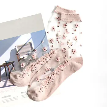 

1 Pair Breathable Ultra Thin Socks Summer Women Transparent Lace Silk Crystal Rose Flower Girls Elastic Short Socks Female Sox
