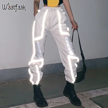 

Waatfaak Reflective Striped Letter Print Hip Hop Trousers Women Streetwear Baggy Sweat Pants Full Length White Jogger Summer