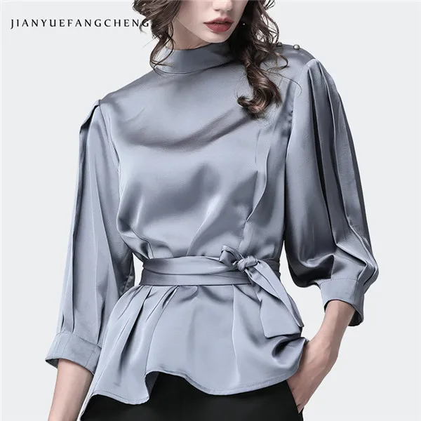 Silver Gray Женская атласная блузка с поясом свободные плюс размер модные серебряные серые топы и блузки воротник стойка семь рукав Женская Повседневная Блузка - Цвет: Silver Gray