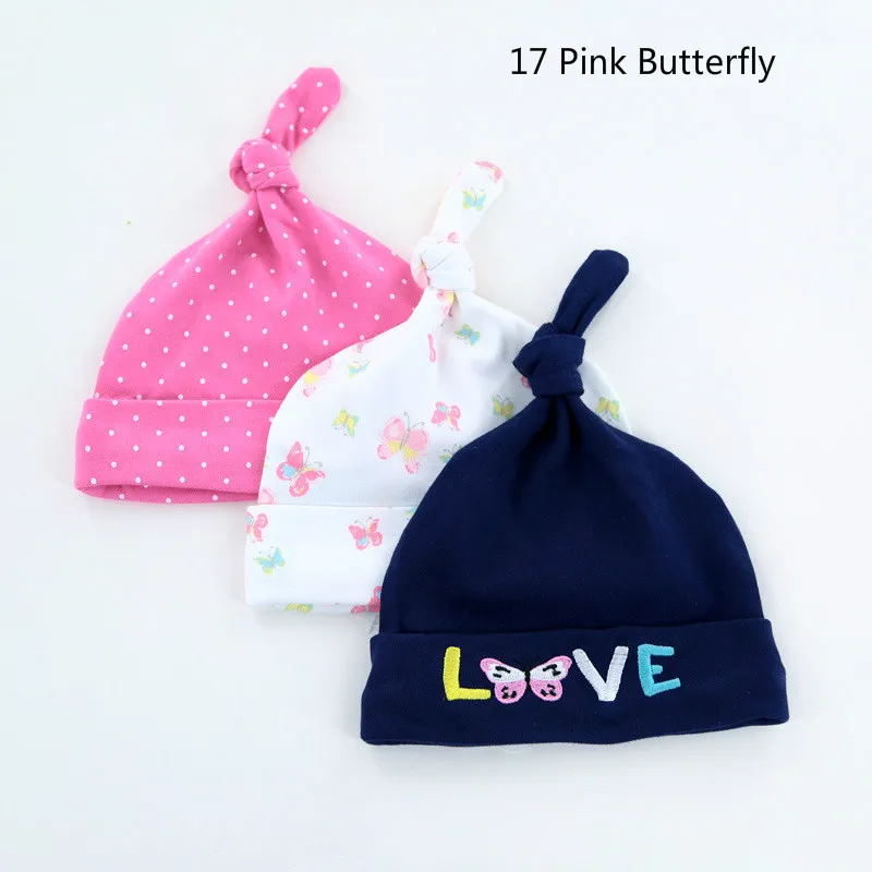 Детские зимние шапки, 3 упаковки, хлопок, теплые, унисекс, детские, для мальчиков и девочек, Мягкие Шапки, шапки для детей 0-6 месяцев, аксессуары для новорожденных - Цвет: 17 Pink Butterfly