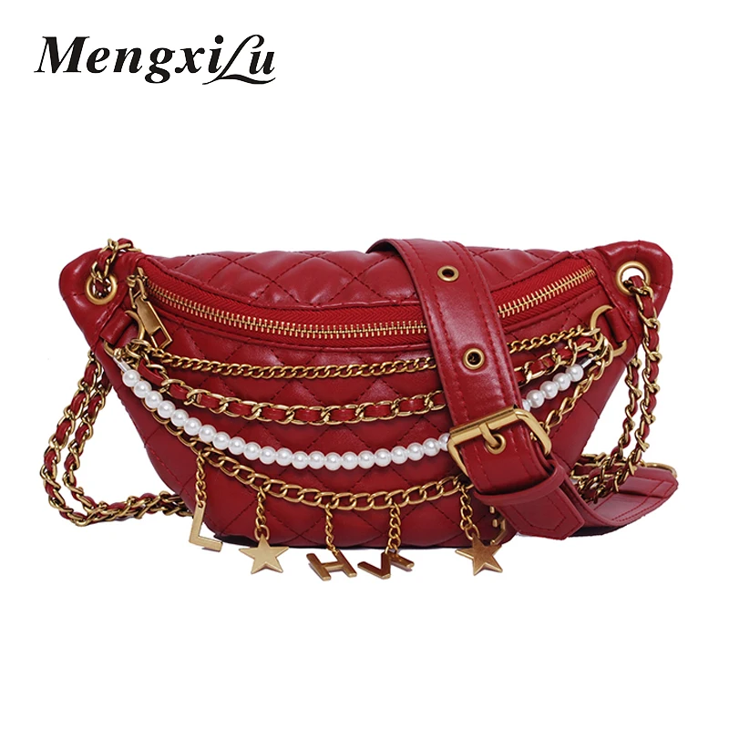 

New 2019 Chest Bag Joker Multi-function Shoulder Bag Pearl Chain Diamond Lattice Bag Fashion Street Waist Bag Leather Fanny Pack