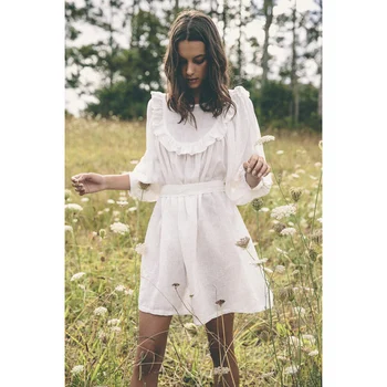 

Women Elegant Vintage French Dress White Lace Up Summer Ruffles Outfit Dress Mini Puff Sleeve Above Knee Linen Dress 2020 Loose