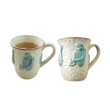 

1pc Drinking Tea Coffee Mug Ceramic Mermaid Relief Embossed Mug Cups