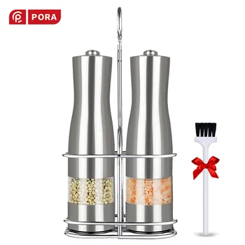 

Electric Pepper Mill Spice Grinder 2Pcs Set Stainless Steel Salt and Pepper Grinder Kitchen Tool with Stand Automatic Spice Mill