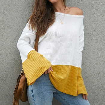 

2020 Spring Autumn Women's Sweater Round Neck Loose Trumpet Sleeve A Hem Contrast Color Stitching Long-sleeved Knitted Sweaters