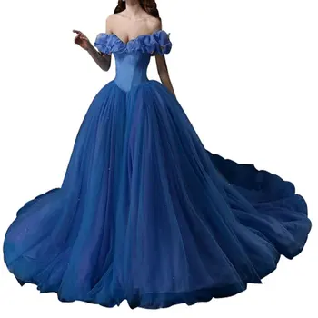 

Elegant Ruffled Tulle Off-Shoulder Backless Prom Ball Gown Church Train Pleated Evening Formal Party Dress Navy Blue