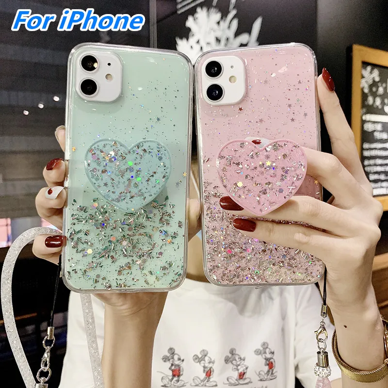 С сияющими блестками чехол для iPhone 11 Pro Max X XS XR 6 6S 7 8 Plus SE 2020 телефона с подставкой