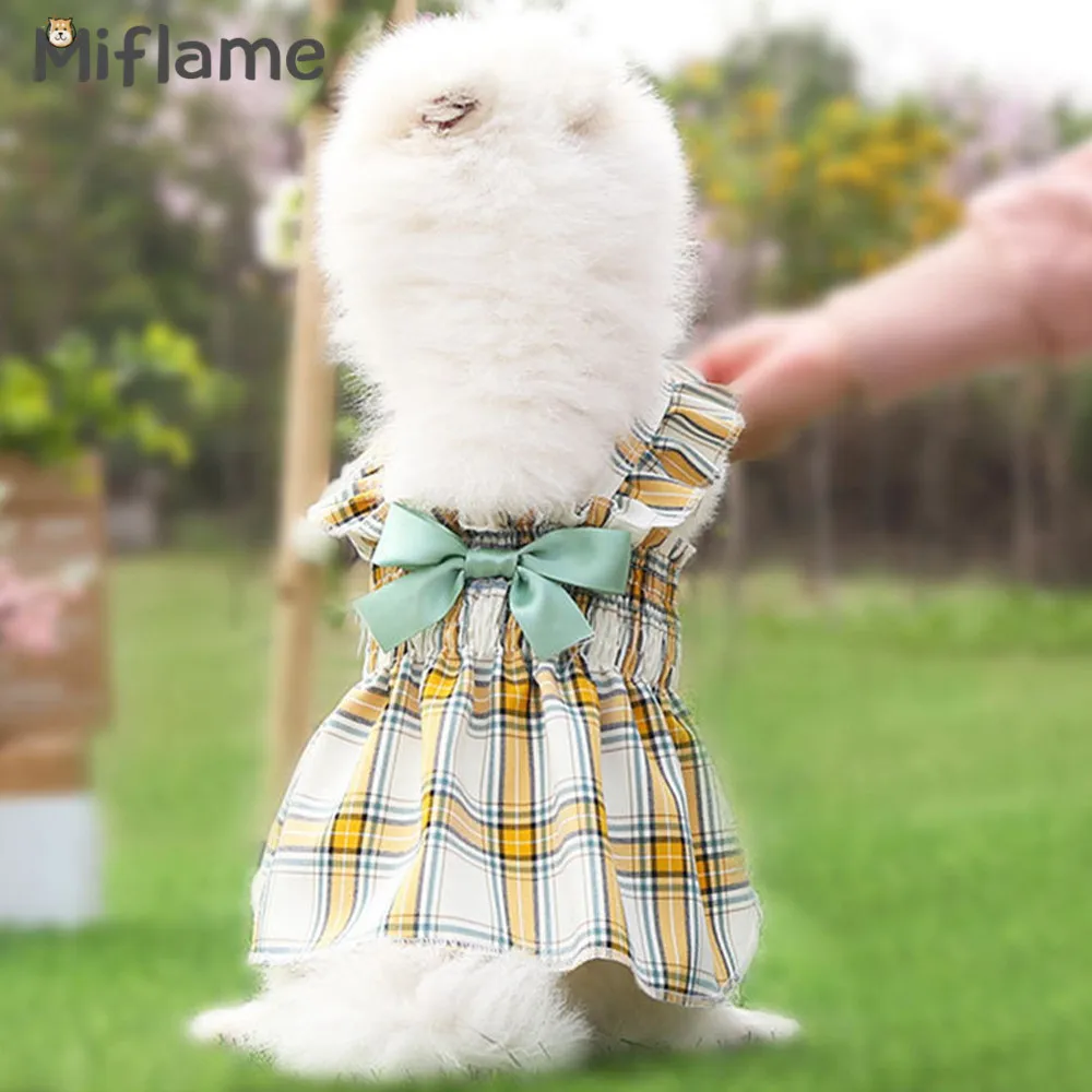 Miflame Bowknot Dog Princess Dress Plaid Puppy Clothes Sweet Small