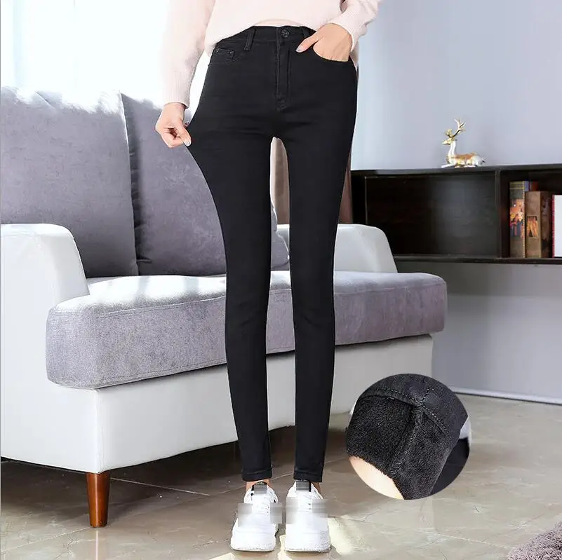 Новые женские брюки-скинни джинсы зимние плотные бархатные тонкие зимние теплые длинные брюки женские с высокой посадкой джинсы карандаш брюки - Цвет: 104 black black