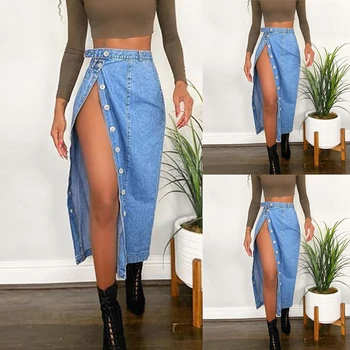 

2020 New Arrival High Waist Sexy Womens High Slit Skirt Fashion Summer Blue Long Denim Skirt Button Front Jeans Skirt S-2XL