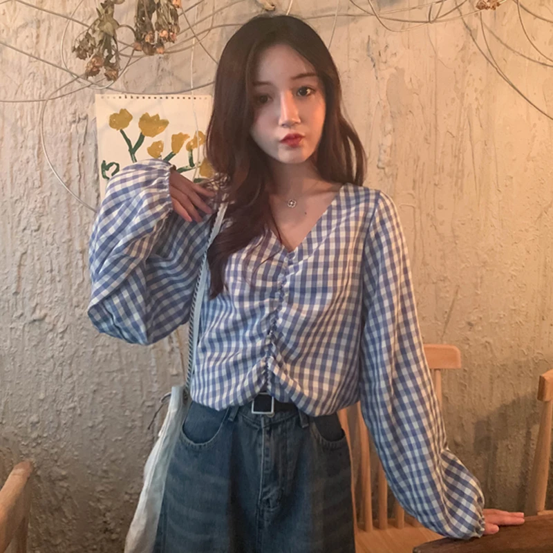 

Mihoshop Ulzzang Korean Korea Women Fashion Clothing V Collar Letter Print Long Sleeve Gray Tops
