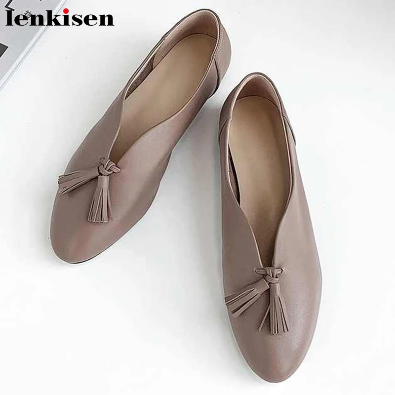 

Lenksien comfortable soft genuine leather fringe slip on ladies flats shoes classic round toe solid autumn fashion shoes L8f1