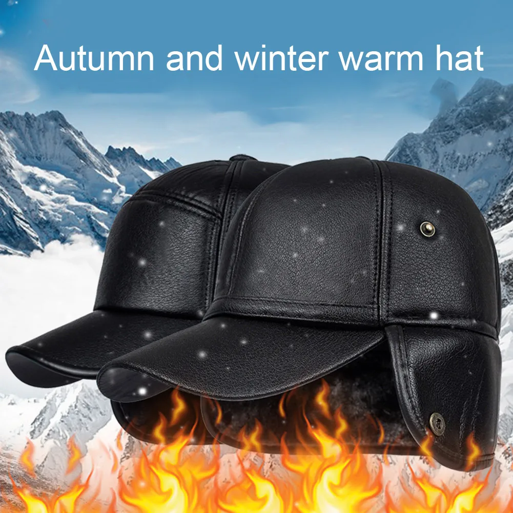 

Men Baseball Cap PU Leather Plush Warm Winter Outdoor Sports Earflap Hunting Hat K2