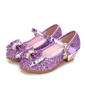 

New Girls Wedding Dress Shoes Children Elsa Princess Shoes Bowtie Purple Pink Blue Leather Shoes For Girls Casual Flat Shoes