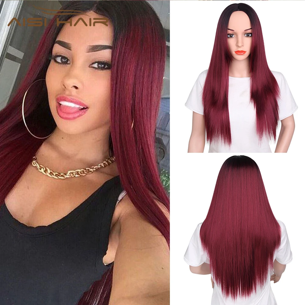 

AISI HAIR Popular New Design 20 Inch Synthetic Wigs Red Long Silky Straight Wigs For Black Women Middle Part Cosplay Wigs