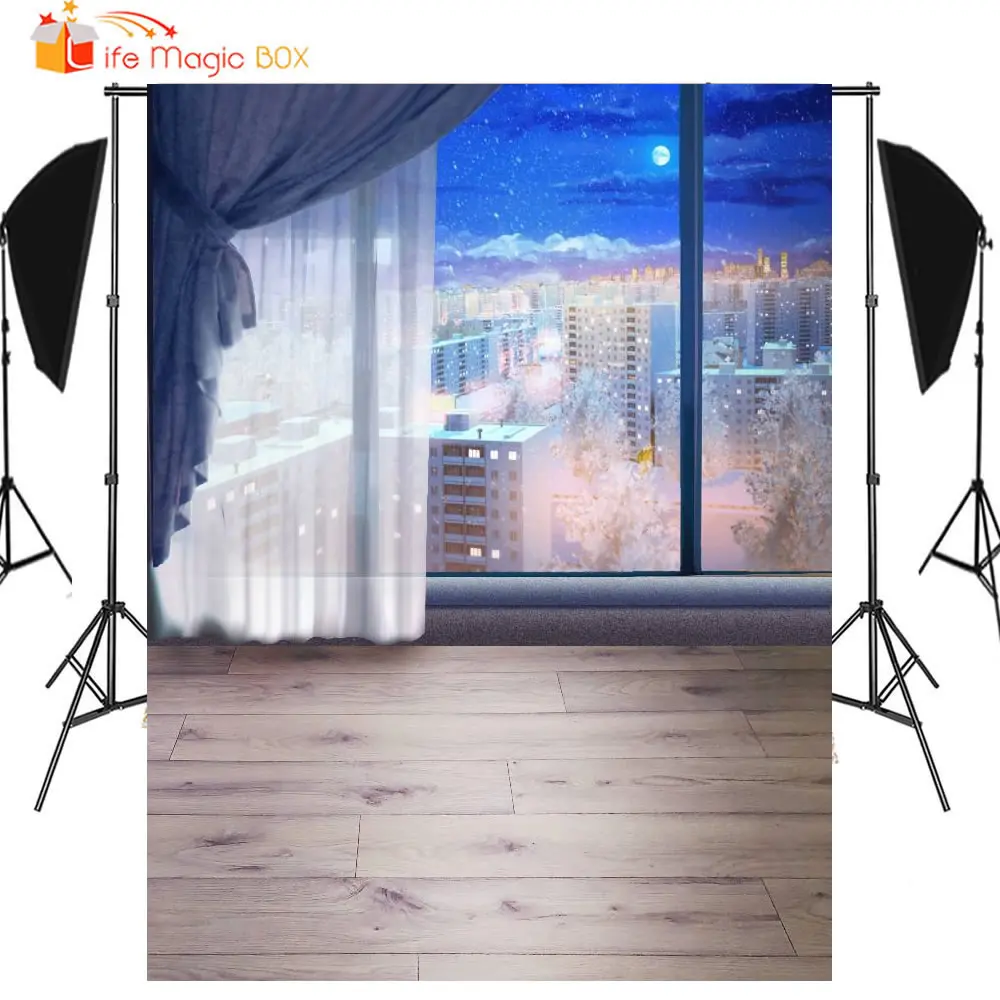 

LIFE MAGIC BOX Photography Backdrops Window Wall City Night Backgrounds Full Moon Wallpapers Birthday Family Photo Booth