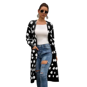 

Autumn knitted Pocket Knitted Long Sweater V-Neck Women Open Stitch Winter Cardigans Loose Polka Dot Jumpers